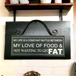 Funny Food Quote Wall Decor Sign Black Wood Frame Plaque 8x3 Constant Battle
